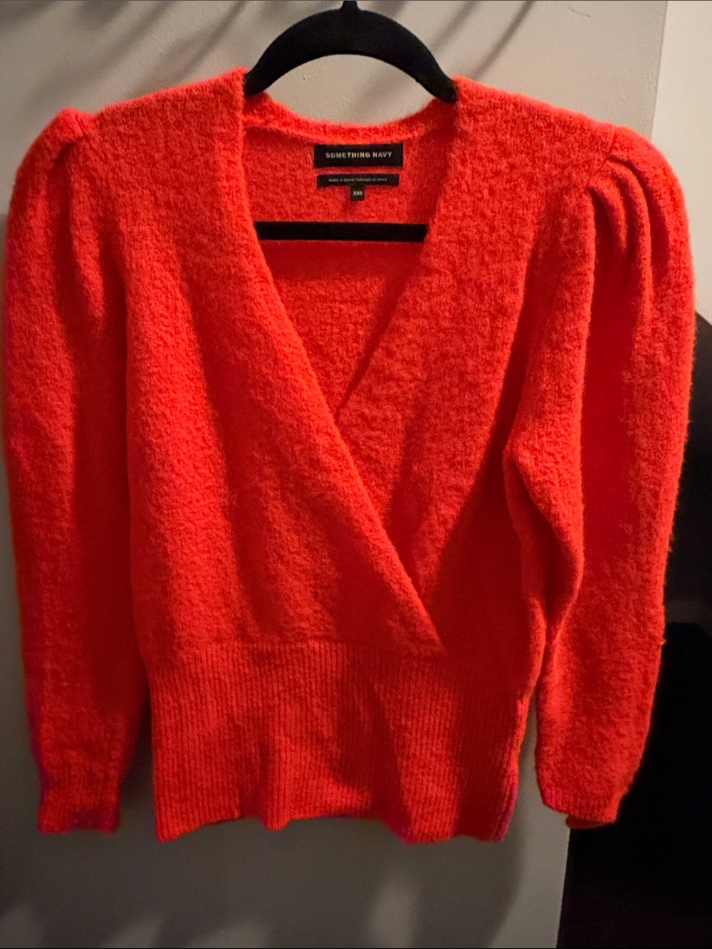 Something Navy Bright Orange Faux-Wrap V-Neck Sweater